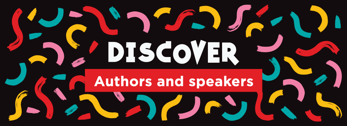 Colourful squiggles surround white text on a black background. Text reads DISCOVER Authors and speakers.