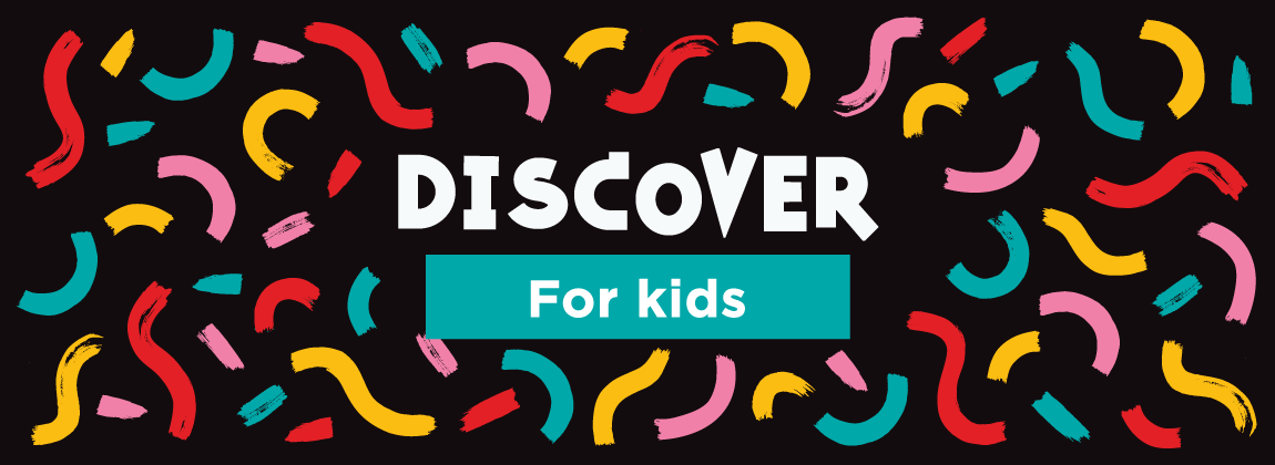 Colourful squiggles surround white text on a black background. Text reads DISCOVER For kids.