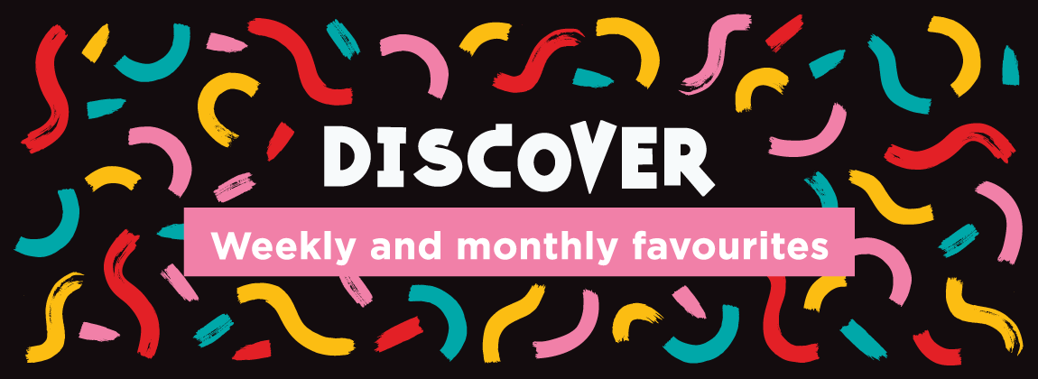 Colourful squiggles surround white text on a black background. Text reads DISCOVER Weekly and monthly favourites.