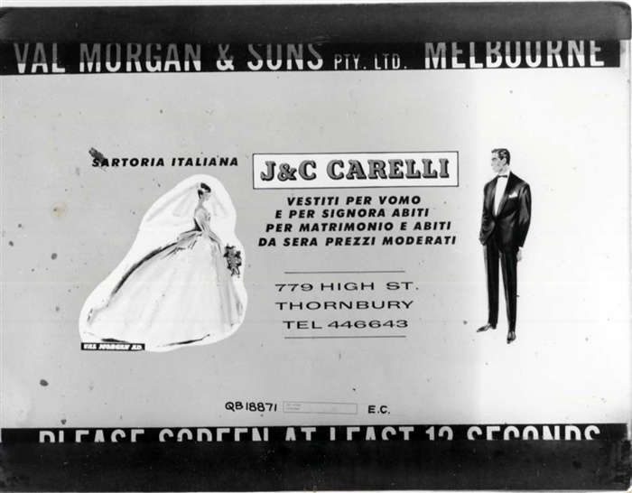 Image of Val Morgan cinema slide for Carelli's tailor shop. [LHRN36]