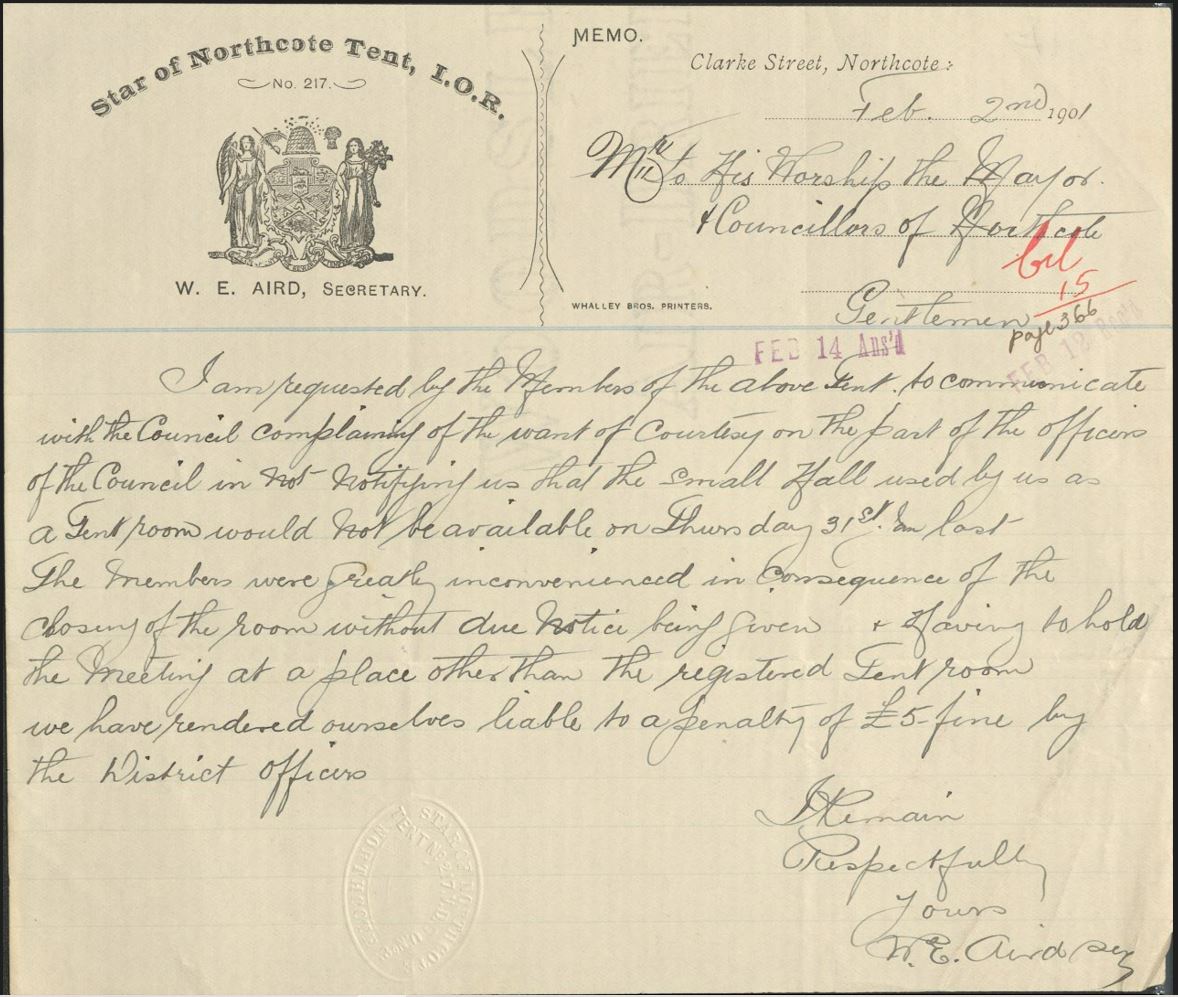 Image of Letter for the Star of Northcote Rechabites 