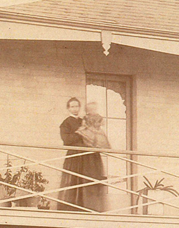 Image of Abigail Foulkes on the balcony of the Alphington Hotel circa 1873