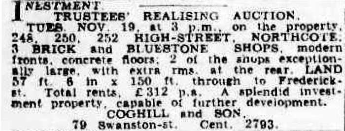 Image of Advertisement, 13 November 1940, auction of 248-252 High Street Northcote, The Argus, p. 4