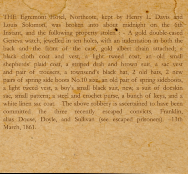 Photo - Description of items stolen from the Egremont Hotel, 1861