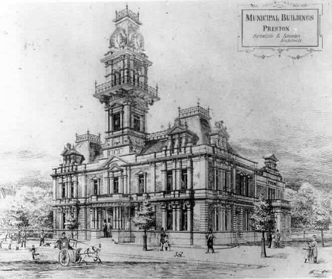 Image of Original plan for Preston Town Hall. The clock tower was never built [PHS]