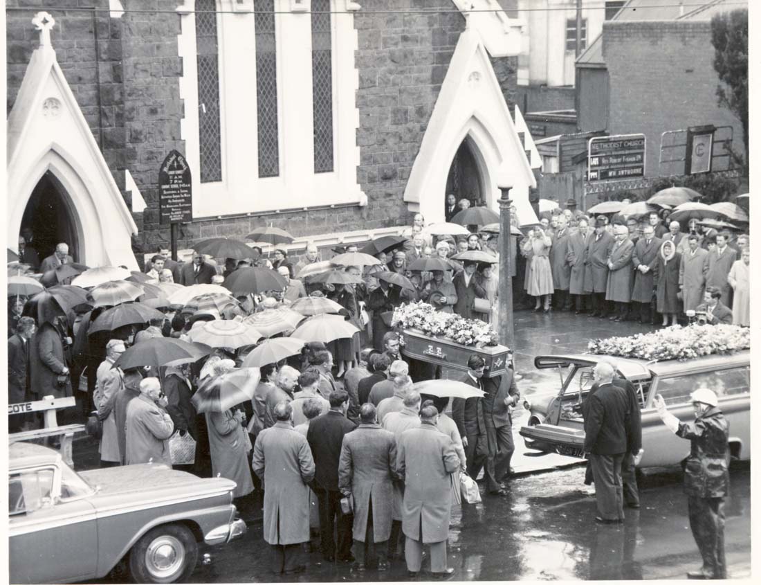 Image of Cortege outside the Northcote Uniting Church in High Street for the funeral of Cr. Alan Bird on July 24, 1962.