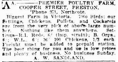 Advertisement for Preston Poultry farm in the Weekly Times 1920