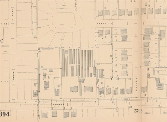 Section of MMBW map No. 2394 showing location of Premier Poultry Farm buildings in Cooper Street 1920s