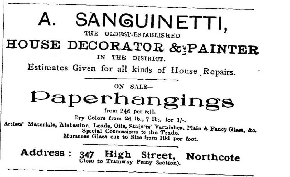 Advertisement for Sanguinetti's Paint & Decorating store in the Northcote Leader