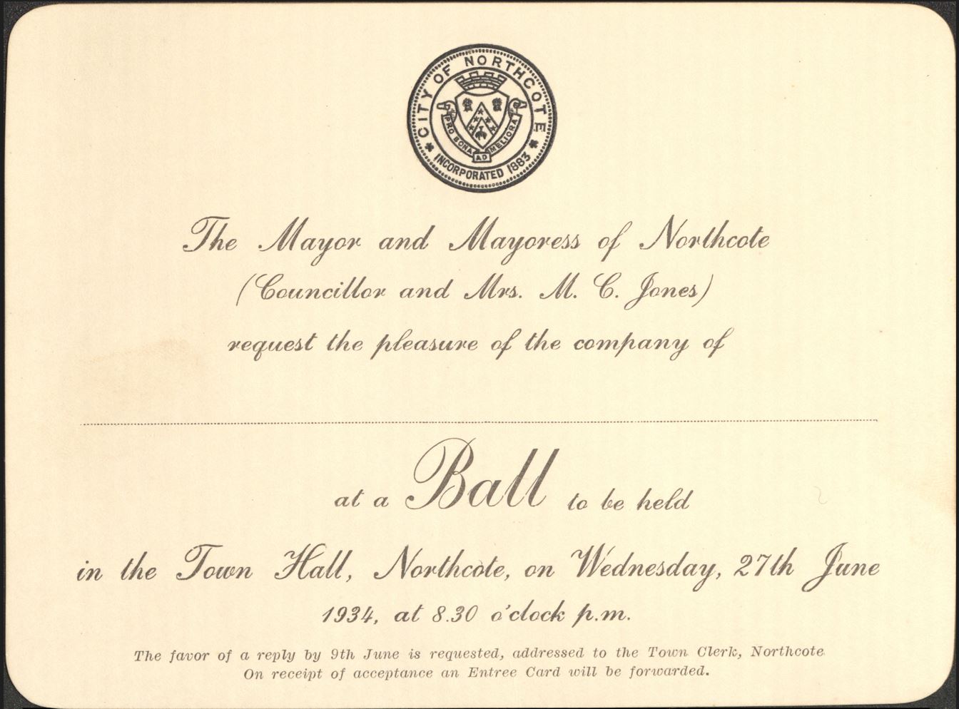 Image of Invitation to 1934 Mayoral Ball at Northcote Townhall [LHRN5381]