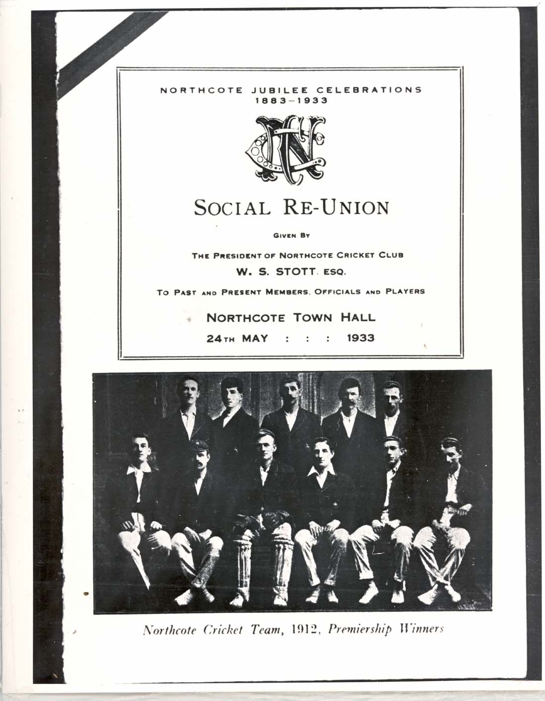Image of Northcote Jubilee advertisement for a social reunion of past and present members of Northcote Cricket Club. Featured is the 1912 Premiership team