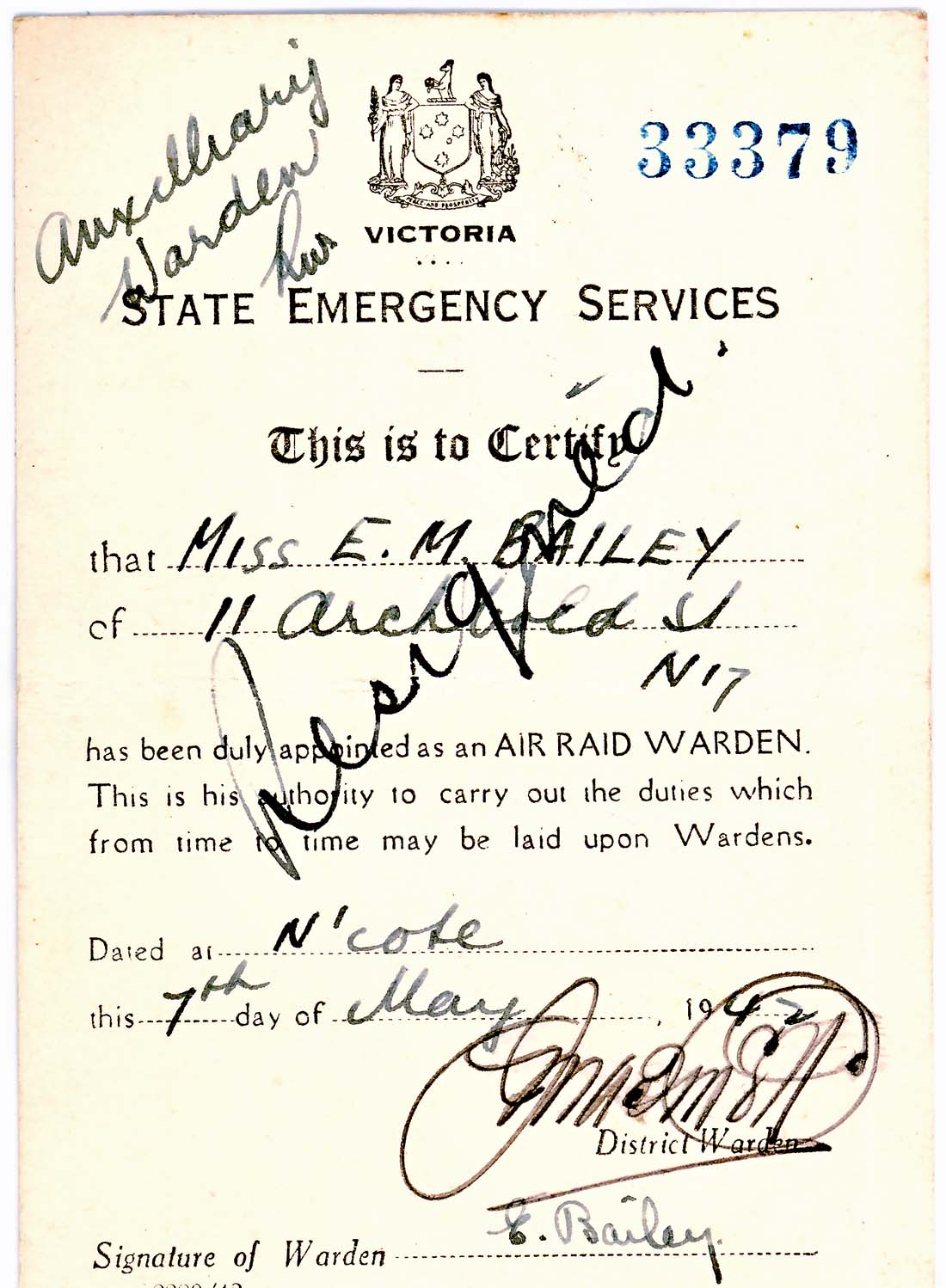 Image of Identification paper for Miss E. M. Bailey, Air Warden
