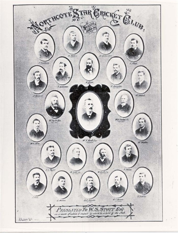 Image of Presentation picture of Northcote Star Cricket Club (1890). Presentation was made to W.S.Stott. Most names are not legible apart from W.S.Stott, C.Lawrence and William H. Dennis