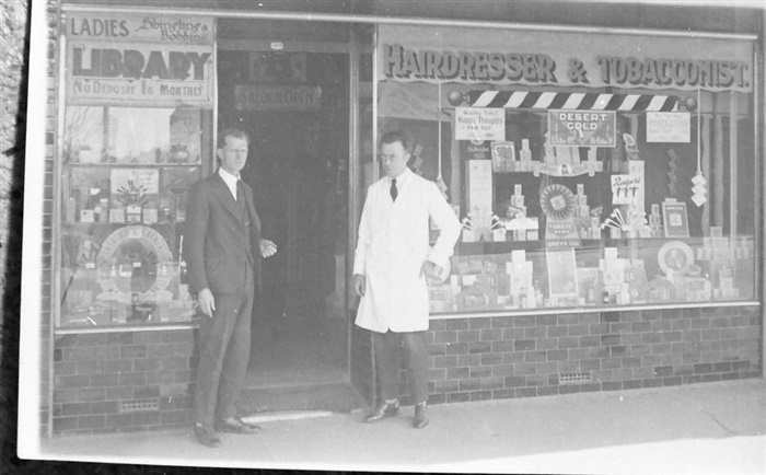 Image of Outram outside his shop in Thornbury c1930