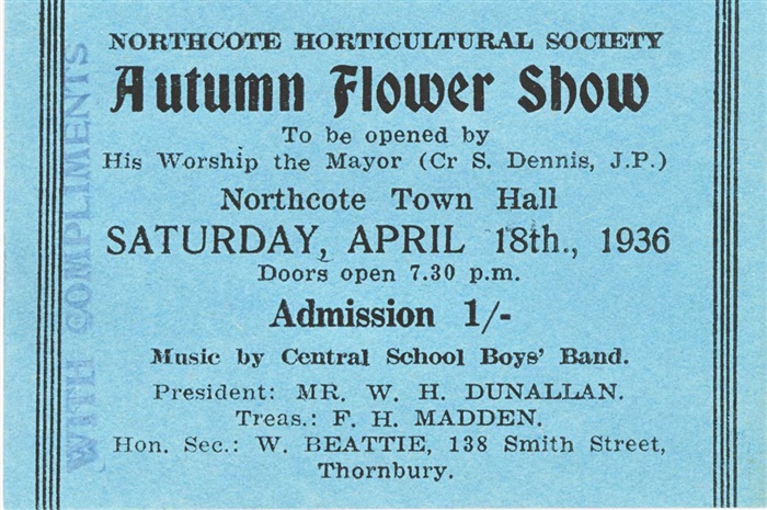 Image of Admission ticket to 1936 Northcote Flower Show [LHRN453]