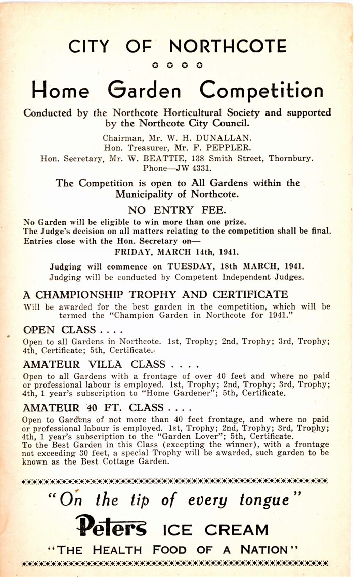 Advertisement for the Northcote Horticultural Society's Home Garden competition, 1941 [LHRN457]