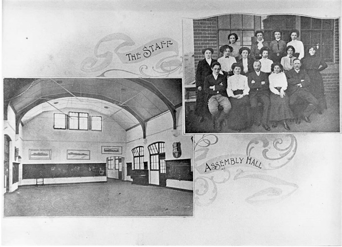 Two photographs showing staff and the Assembly Hall at Fairfield Primary School [LHRN1087]