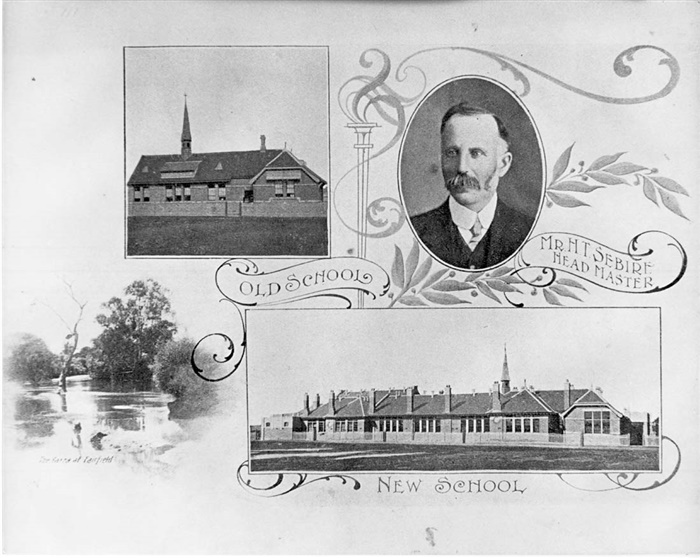 Copy of photograph showing new and old Fairfield Primary School and a portrait of headmaster, H.T. Sebire. [LHRN1088]