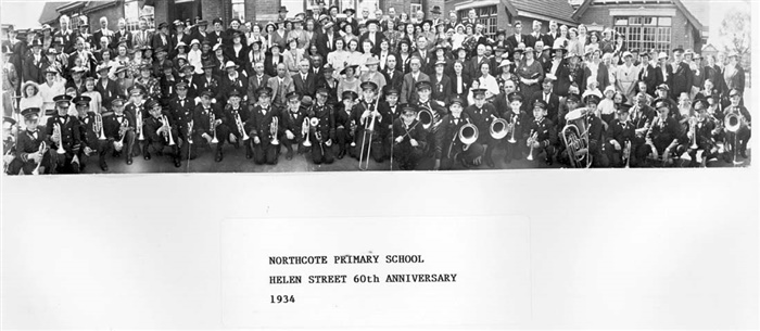 Image of 60th Anniversary of Helen St Primary School (1934). Features a large number of former students and the Brass Band