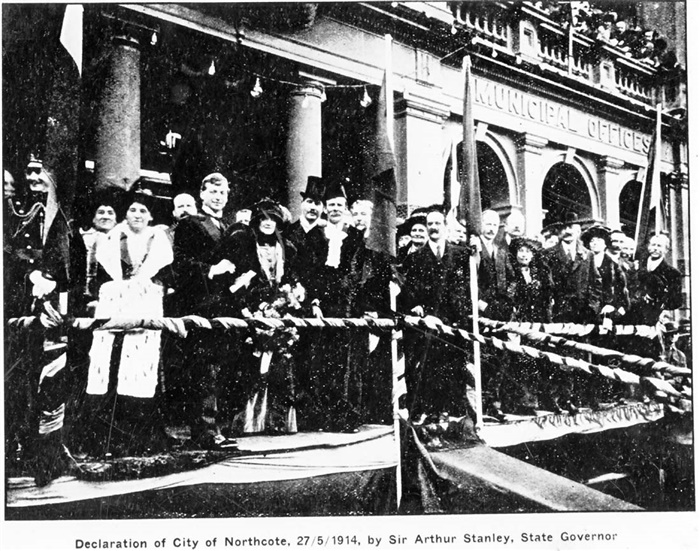 Image of The Governor of Victoria declares Northcote a City in 1914. On the steps of the Northcote Town Hall