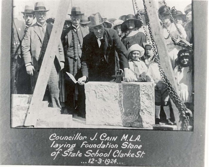 Image of Councillor John Cain M.L.A laying Foundation Stone of State School Clarke Street 12th March 1924. [LHRN1408]
