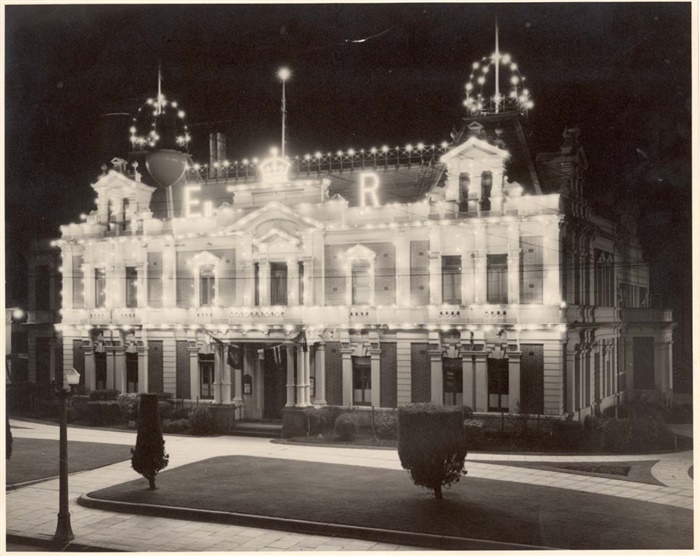 Image of Preston Town Hall lit up for Queen Elizabeth II, 1956 [PHS]