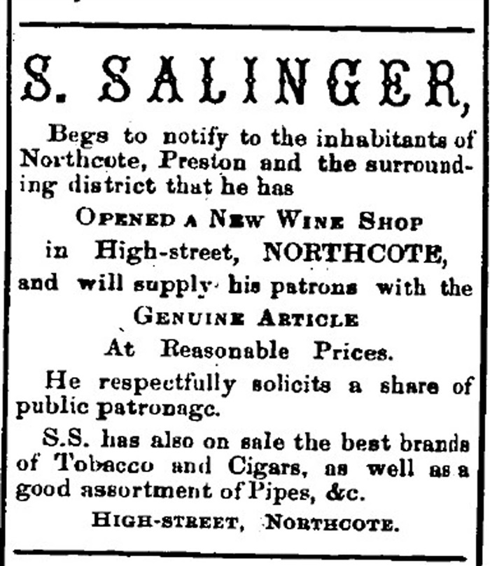 Image of Advertisement. S. Salinger advertised frequently in the Northcote Leader. 
