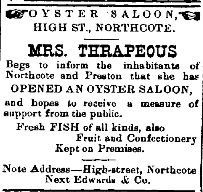 Image of an Advertisement for Oyster Saloons in the Northcote Leader