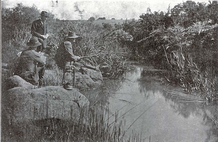 Image of Men fishing on the Darebin Creek at the Leslie Estate, Reservoir in the 1920s. [LHRN1794]