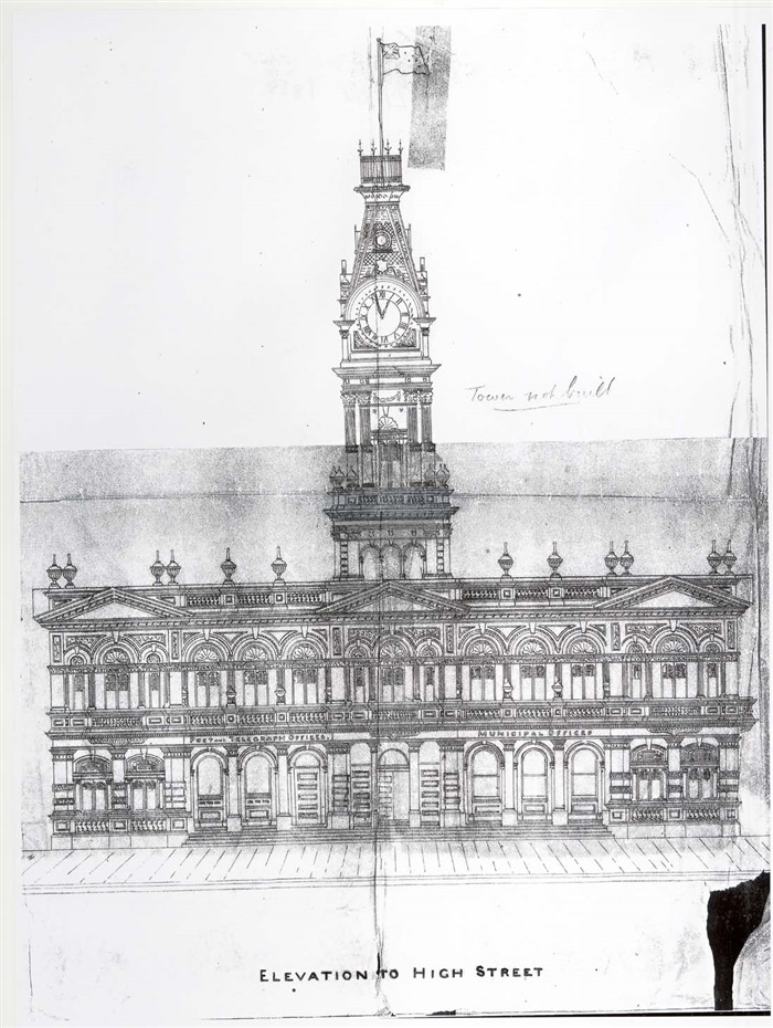 Image of George Johnson's original plan for the Northcote Town Hall featured a large clock tower