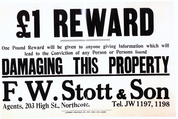 Image of a Reward poster from Stott's real estate