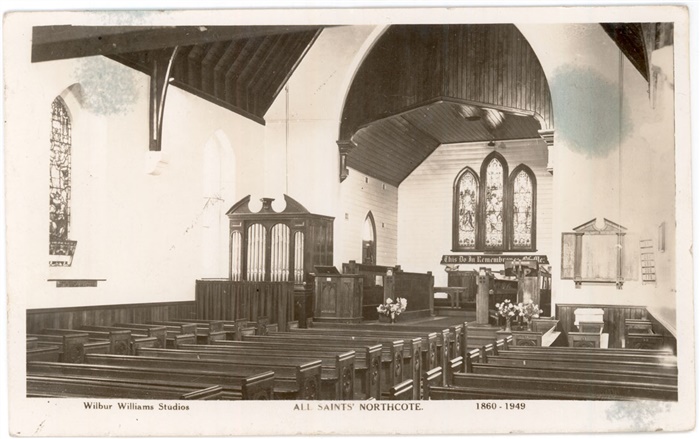 Postcard of interior of All Saints Church Northcote