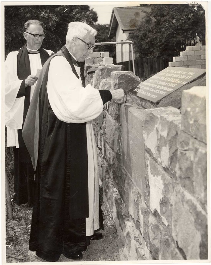 Image of Bishop Baker of All Saints Church Northcote laying foundation stone 1965