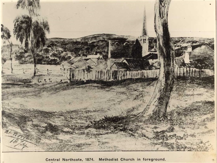 Image of a drawing of Wesleyan Methodist Church Northcote 1874