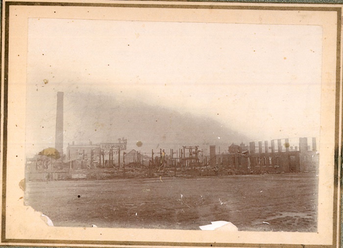 Image of McLean's tannery after a fire in 1904. Courtesy M. and R. McLean. [LHRN2073]