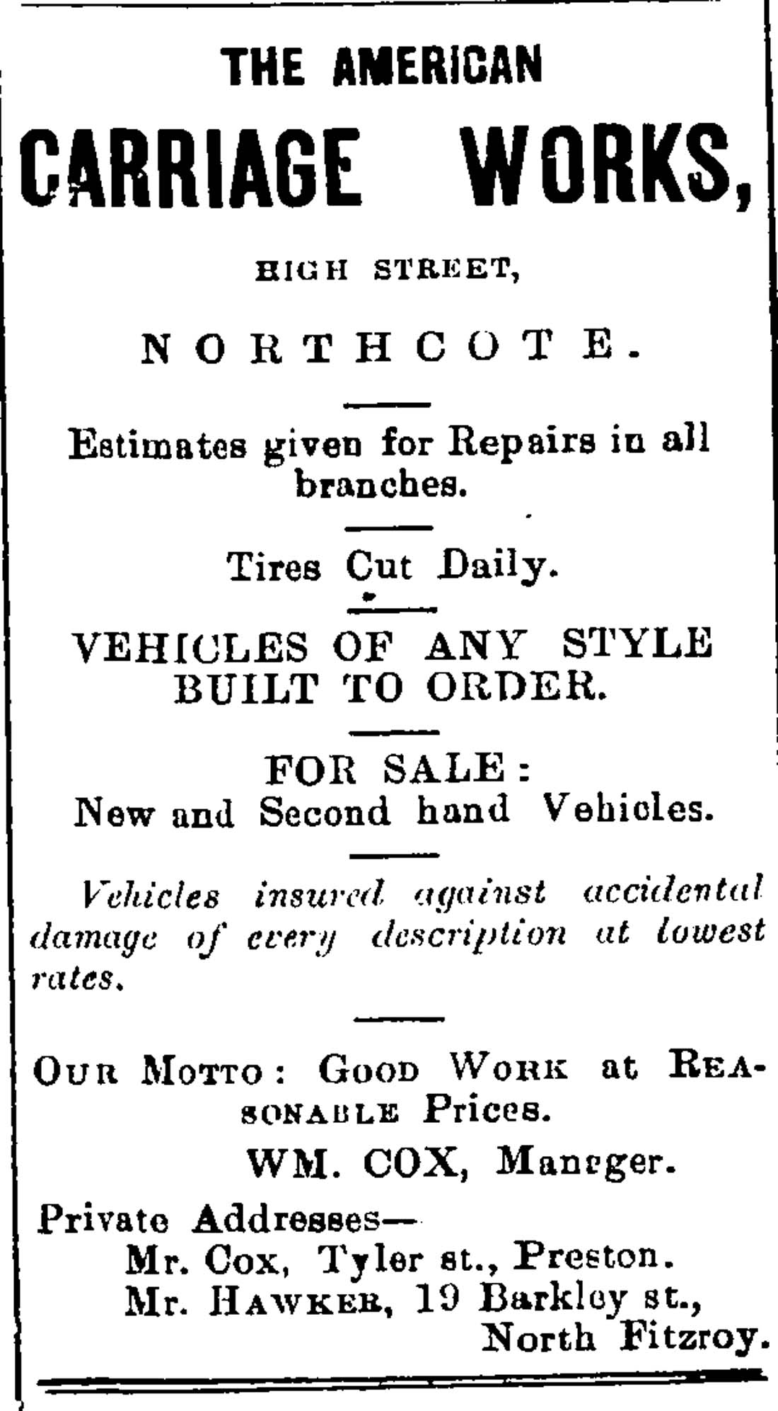 Image if Northcote Leader Advertisement for the American Carriage Company.