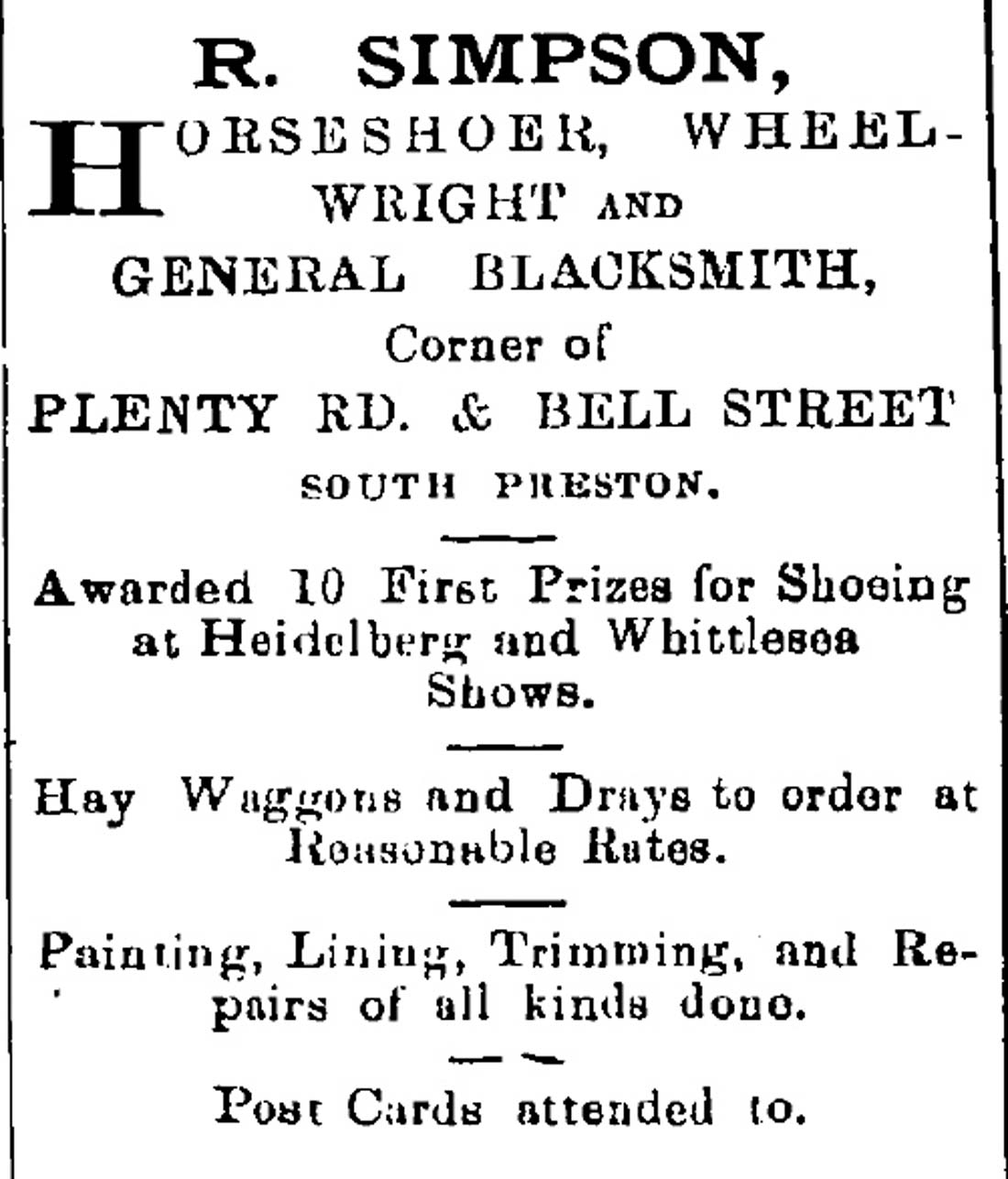 Image of an Advertisement in the Northcote Leader for Robert Simpson, Blacksmith