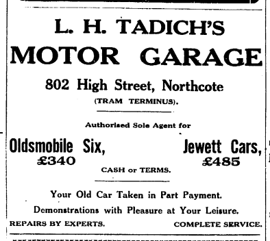 Image of Advertisement for L. H Tadich's Motor Garage from Northcote Leader