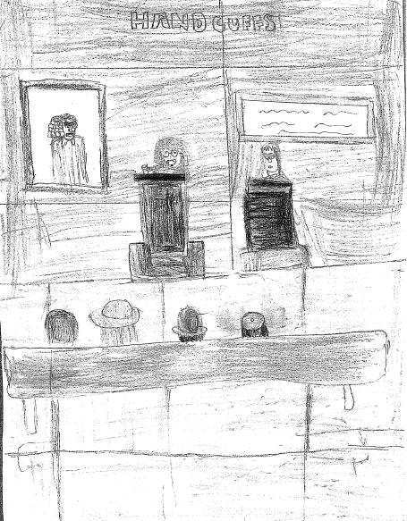 Child's drawing of a courtroom for the story 'Handcuffs'