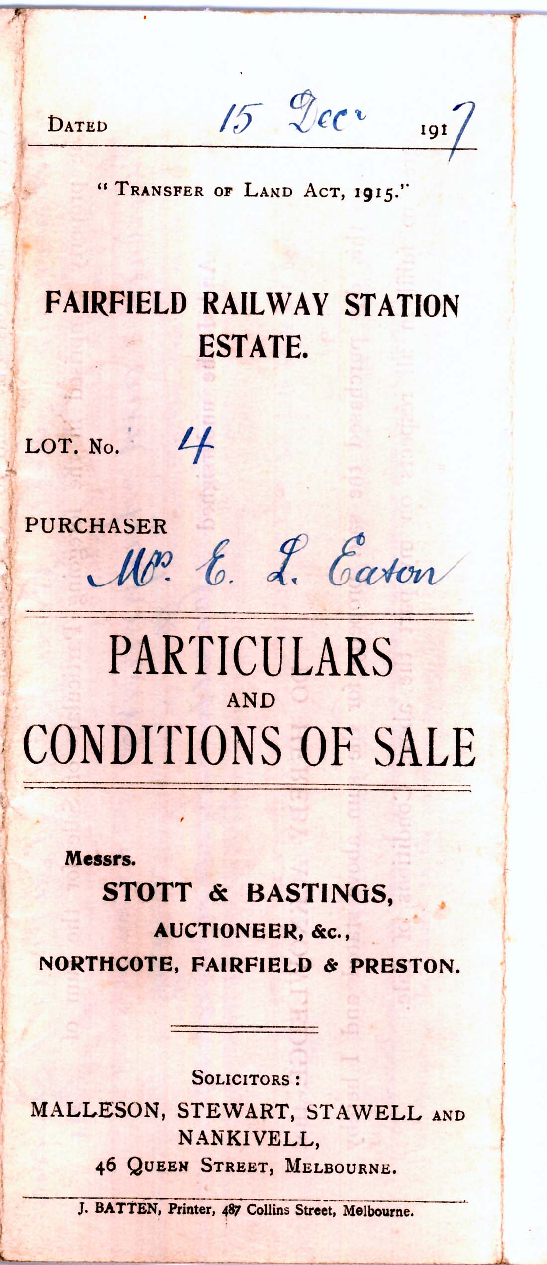 Image of Transfer of land document Fairfield Railway Station Estate for Mrs Eation. 