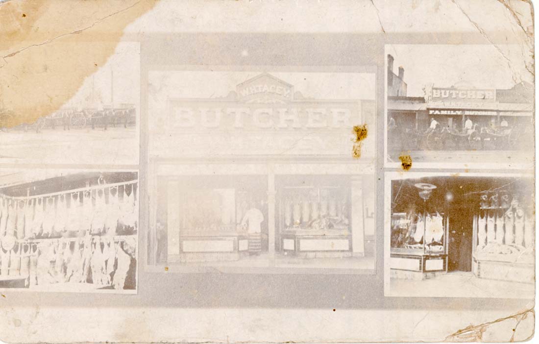 Image - Photo. A postcard advertising Tacey's Butcher shop