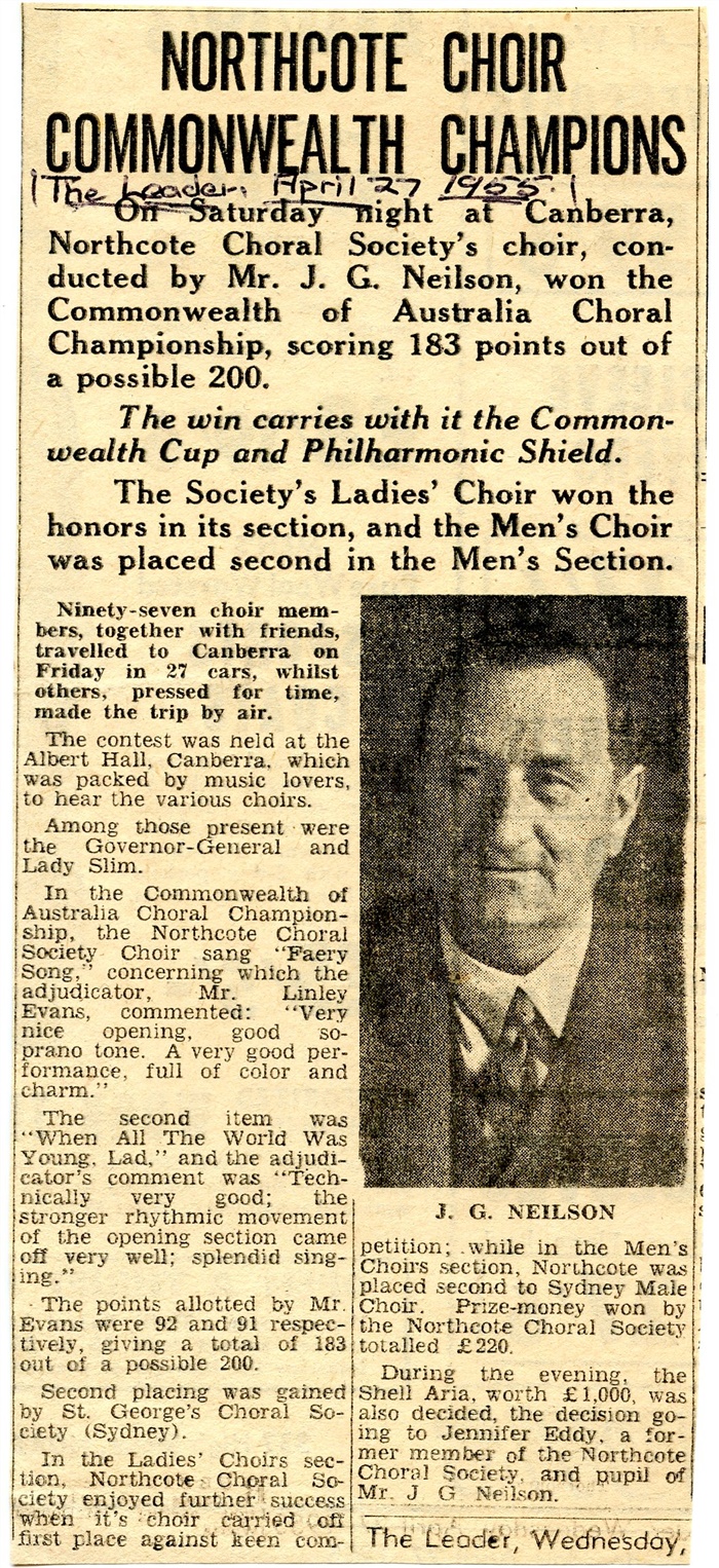 Image of a Newspaper clipping entitled Northcote Choral Society Commonwealth Champions