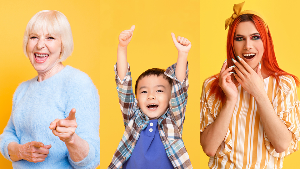 Three people in front of a yellow background: an older person, a child and a young adult. They are smiling and jumping for joy. 