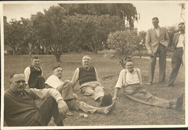 On the lawn of Nagambie House Lance is Hinton, Louis Hamon, Walter Johnson, George Johnson, Bert Hutton [LHRN5330]