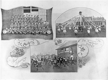 Two photographs of students at Fairfield Primary School. Maypole Dancing, Bar Exercising and Military Cadets. [LHRN1089]