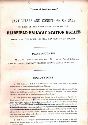 Image of a Transfer of land document Fairfield Railway Station Estate for Mrs Eation