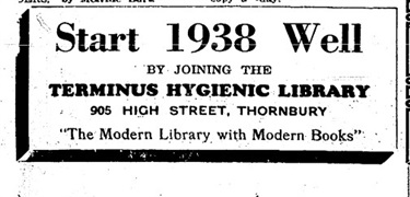 Image of an Advertisement for Thornbury Hygienic Library 'Start 1938 Well'