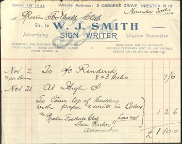 Image of an invoice from W J Smith to the Preston Football Club in 1934