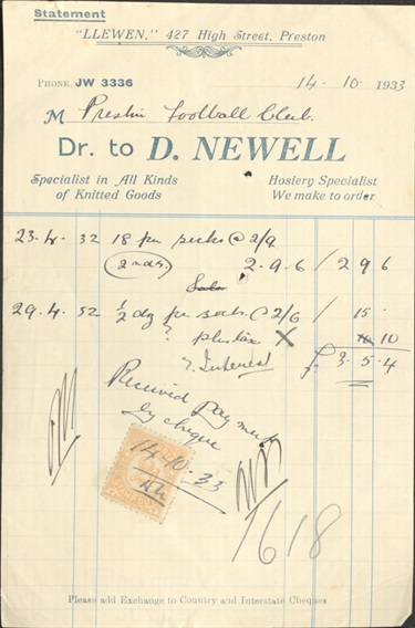 A receipt from D. Newell to the Preston Football Club for the purchasing of woollen jumpers