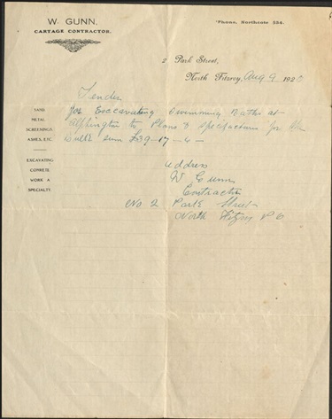 Image of a letter W. Gunn Cartage Contractor for Alphington Swimming Pool 1920